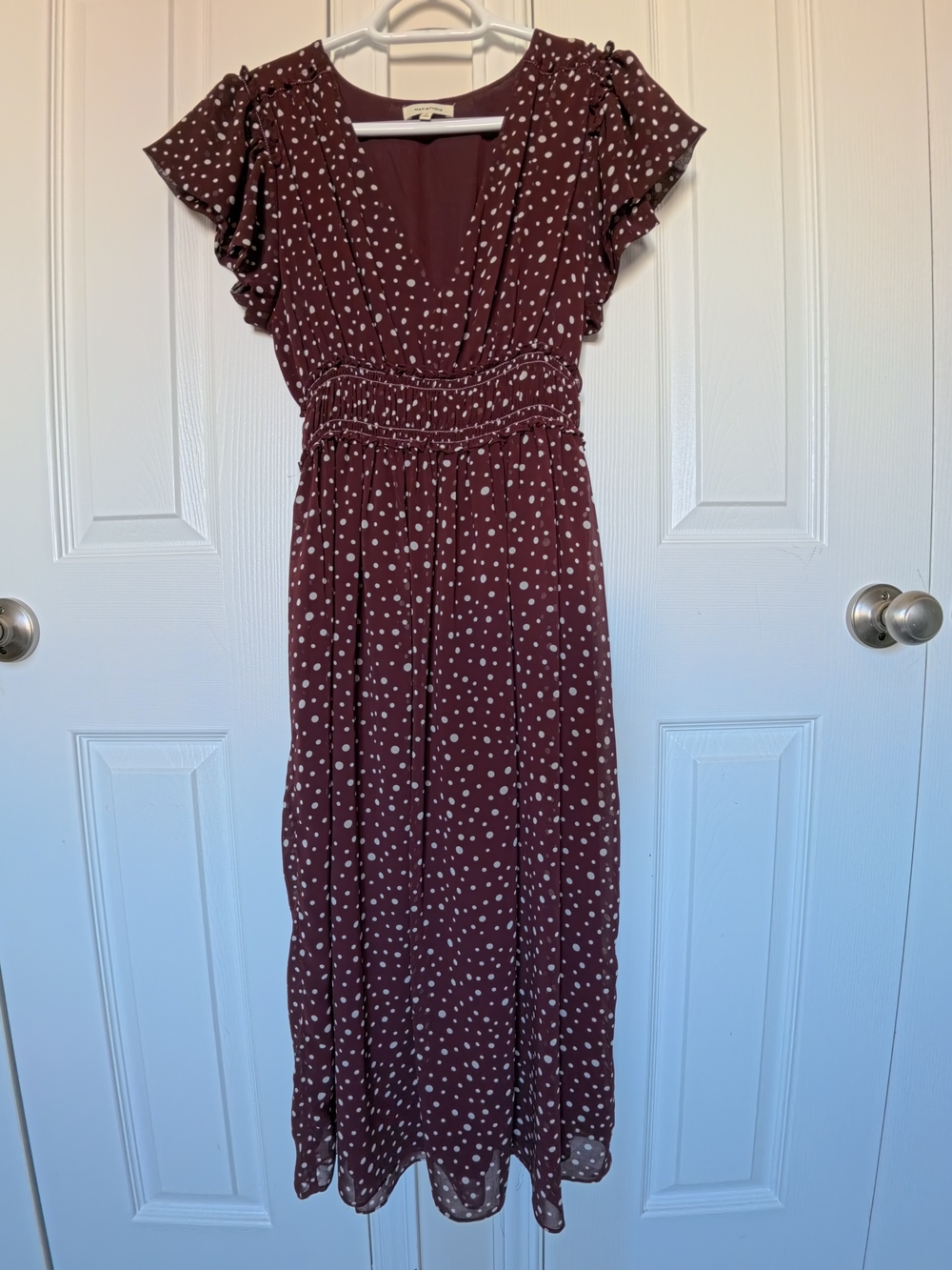 Polka Dot Burgundy Maxi Dress with Smocked Waist